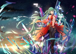 Rule 34 | 1girl, alternate costume, aqua hair, backlighting, bare shoulders, black thighhighs, blue eyes, boots, breasts, catcan, center opening, closed mouth, cosplay, crystal, detached sleeves, eyebrows, floating hair, glowing, guilty crown, hair ornament, hairclip, hatsune miku, head tilt, lens flare, leotard, light particles, long hair, looking at viewer, medium breasts, motion blur, navel, ocean, outdoors, red leotard, ribbon, sitting, sky, sleeveless, solo, star (sky), starry sky, stomach, sun, thigh boots, thighhighs, twintails, very long hair, vocaloid, yuzuriha inori, yuzuriha inori (cosplay)