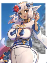 Rule 34 | 1girl, animal ears, ash (fire emblem), ash (new year) (fire emblem), breasts, cow ears, cow girl, cow horns, cow tail, dark-skinned female, dark skin, earrings, fire emblem, fire emblem heroes, fur-trimmed kimono, fur trim, gonzarez, hagoita, highres, horns, japanese clothes, jewelry, kimono, large breasts, long hair, looking at viewer, nintendo, official alternate costume, open mouth, paddle, smile, solo, tail, teeth, upper teeth only, white hair, white kimono