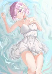 Rule 34 | 1girl, dress, fate/grand order, fate (series), flower, hair flower, hair ornament, hair over one eye, highres, knees together feet apart, looking at viewer, lying, mash kyrielight, mash kyrielight (formal dress), mikanagi yuri, neck ribbon, official alternate costume, partially submerged, purple hair, ribbon, solo, strapless, thighs, water, white dress, white flower, white ribbon