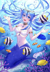 Rule 34 | 1girl, air bubble, armlet, blue eyes, blue hair, blush, breasts, bubble, collarbone, coral, fins, fish, head fins, highres, inari hisato, long hair, medium breasts, mermaid, monster girl, navel, open mouth, original, shell, shell bikini, solo, teeth, underwater, upper teeth only