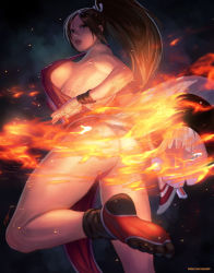 Rule 34 | 1girl, ass, bare arms, bare shoulders, black footwear, breasts, brown eyes, brown hair, cleavage, commentary, covered erect nipples, curvy, english commentary, fatal fury, fire, from behind, hand fan, high ponytail, hip focus, huge ass, japanese clothes, large breasts, long hair, looking back, ninja, parted lips, pelvic curtain, ponytail, pyrokinesis, rejean dubois, revealing clothes, shiranui mai, sideboob, snk, solo, standing, the king of fighters, thick thighs, thighs, thong, wide hips