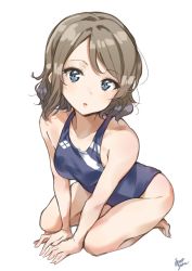 Rule 34 | 1girl, barefoot, blue eyes, blue one-piece swimsuit, brown hair, competition swimsuit, full body, highres, logo, looking at viewer, love live!, love live! sunshine!!, one-piece swimsuit, parted lips, seiza, short hair, signature, simple background, sitting, solo, swimsuit, takenoko no you, watanabe you, wavy hair, white background