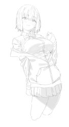 Rule 34 | 1girl, blush, bob cut, bow, breasts, cropped legs, greyscale, gridman universe, highres, kona ming, large breasts, leaning back, monochrome, partially unzipped, pleated skirt, shinjou akane, skirt, solo, ssss.gridman, zipper pull tab