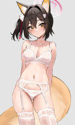 Rule 34 | 1girl, animal ear fluff, animal ears, arms behind back, blue archive, bra, breasts, bridal lingerie, choker, cleavage, commentary, contrapposto, extra ears, eyeshadow, fox ears, fox girl, fox hair ornament, fox tail, garter belt, hair between eyes, hair intakes, hair ornament, halo, izuna (blue archive), lace, lace-trimmed bra, lace-trimmed legwear, lace-trimmed panties, lace trim, lingerie, makeup, medium breasts, navel, panties, panties over garter belt, pink eyeshadow, pom pom (clothes), pom pom hair ornament, red eyeshadow, side ponytail, simple background, skindentation, solo, stomach, stone (ksorede), symbol-only commentary, tail, underwear, underwear only, white background, white bra