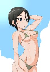 Rule 34 | 10s, 1girl, absurdres, adjusting hair, bad id, bad pixiv id, bikini, black hair, blue eyes, blush, breasts, chouno ami, cloud, cloudy sky, covered erect nipples, day, dutch angle, girls und panzer, green bikini, highres, looking to the side, micro bikini, navel, open mouth, outdoors, parted lips, short hair, sideboob, sky, solo, standing, strap gap, swimsuit, tavor (m tavor), wet