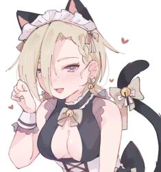 Rule 34 | 1girl, animal ears, blonde hair, blush, breasts, cat ears, cat tail, cleavage, cleavage cutout, clothing cutout, fake animal ears, fang, highres, looking at viewer, love live!, love live! nijigasaki high school idol club, medium breasts, mia taylor, notyu maru, open mouth, paw pose, purple eyes, shirt, sleeveless, sleeveless shirt, solo, tail, upper body, wrist cuffs
