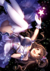 Rule 34 | 1girl, bare shoulders, blush, breasts, brown eyes, brown hair, dress, gloves, half updo, idolmaster, idolmaster cinderella girls, idolmaster cinderella girls starlight stage, long hair, mk, one side up, open mouth, shimamura uzuki, smile, solo, star (symbol), starry sky bright, thighhighs, tiara, white gloves, white thighhighs