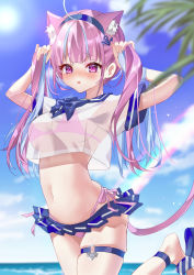 Rule 34 | 1girl, absurdres, ahoge, animal ear fluff, animal ears, ankle strap, bad id, bad pixiv id, bikini, blue hair, blush, bow, cat ears, cat girl, chierishu, cloud, cloudy sky, headband, highres, hololive, looking at viewer, minato aqua, multicolored hair, ocean, open mouth, purple eyes, purple hair, rainbow, see-through, shirt, skirt, sky, solo, standing, standing on one leg, streaked hair, swimsuit, thigh strap, twintails, virtual youtuber