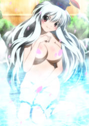 Rule 34 | 1girl, bathing, blue hair, blush, bow, breasts, censored, cherry blossoms, convenient censoring, covering privates, covering crotch, female focus, hair bow, hat, highres, kamishirasawa keine, large breasts, long hair, nude, onsen, petals, pink eyes, red eyes, smile, solo, steam, touhou, water, yadokari genpachirou