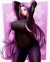 Rule 34 | 1girl, absurdres, black sweater, breasts, dclaret, denim, fate/hollow ataraxia, fate/stay night, fate (series), female focus, floral background, glasses, heaven&#039;s feel, highres, jeans, large breasts, long hair, looking at viewer, matching hair/eyes, medusa (fate), medusa (rider) (fate), pants, purple eyes, purple hair, purple pants, solo, sweater, thighhighs, very long hair
