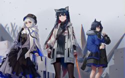 Rule 34 | 3girls, absurdres, animal ear fluff, animal ears, arknights, bag, bespectacled, black-framed eyewear, black gloves, black hair, black headwear, black legwear, black robe, black scarf, black shirt, black sleeves, blue eyes, blue hair, blue jacket, blue nails, chinese commentary, coat, commentary request, cowboy shot, cross, cross necklace, cup, dierbeibanjia, energy sword, fang (arknights), fang (cruciata) (arknights), fur-trimmed coat, fur-trimmed jacket, fur trim, glasses, gloves, hair between eyes, highres, holding, holding cup, holding sword, holding weapon, id card, jacket, jewelry, pantyhose under shorts, long hair, long sleeves, looking at viewer, low-tied long hair, multiple girls, nail polish, necklace, official alternate costume, open mouth, pantyhose, red eyes, robe, scarf, shirt, shorts, silver hair, smile, specter (arknights), specter (undercurrent) (arknights), sword, tail, texas (arknights), texas (winter messenger) (arknights), very long hair, weapon, white coat, white scarf, white shorts, winter clothes, winter coat, wolf ears, wolf girl, wolf tail