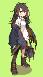 Rule 34 | 1girl, amonitto, asymmetrical legwear, bag, black footwear, black hair, black thighhighs, blue jacket, blush, boots, c-ms (girls&#039; frontline), cbj-ms, closed mouth, commentary request, dress, full body, girls&#039; frontline, green background, green socks, grey bag, gun, hair between eyes, holding, holding bag, holding gun, holding weapon, jacket, knee pads, long hair, long sleeves, looking at viewer, messy hair, mole, mole under eye, off shoulder, open clothes, open jacket, red eyes, serious, simple background, single sock, single thighhigh, sleeveless, sleeveless dress, socks, solo, standing, submachine gun, thigh strap, thighhighs, trigger discipline, uneven legwear, weapon, white dress