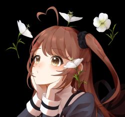 Rule 34 | 1girl, :/, ahoge, amahara nue, assault lily, black background, black scrunchie, brown hair, closed mouth, commentary, floating, floating object, flower, hair ornament, hair scrunchie, hands on own cheeks, hands on own face, hands up, head rest, heart, heart ahoge, highres, juliet sleeves, lily (flower), long hair, long sleeves, looking at flowers, looking up, lying, on stomach, one side up, portrait, puffy sleeves, school uniform, scrunchie, simple background, solo, symbol-only commentary, takasuga tsukushi, white flower, yellow eyes, yurigaoka girls academy school uniform