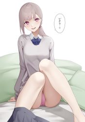 Rule 34 | 1girl, bad id, bad twitter id, blue bow, blush, bow, bowtie, breasts, collared shirt, copyright request, feet out of frame, grey shirt, highres, knees up, kuen (kuennn12), long sleeves, looking at viewer, medium breasts, medium hair, open mouth, panties, pillow, pink panties, pleated skirt, red eyes, shirt, sitting, skirt, skirt around one leg, smile, solo, speech bubble, translation request, underwear, white background, white shirt