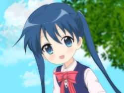 Rule 34 | 1girl, :d, blue eyes, blue hair, blue sky, blue sweater, blush, bow, bowtie, cloud, collared shirt, commentary request, day, flat chest, kin-iro mosaic, komichi aya, long hair, looking at viewer, open mouth, orinal kou, outdoors, pink bow, pink bowtie, portrait, school uniform, shirt, sky, smile, solo, striped bow, striped bowtie, striped clothes, striped neckwear, sweater, sweater vest, tree, twintails, white shirt, wing collar