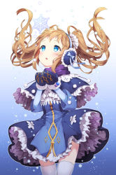 Rule 34 | 1girl, blonde hair, blue background, blue bow, blue dress, blue eyes, blue ribbon, blush, bow, capelet, chitetan, cowboy shot, cupping hands, dress, earmuffs, floating hair, frills, gradient background, hands up, long hair, looking up, mittens, open mouth, original, own hands together, petticoat, purple scarf, ribbon, scarf, sidelocks, snow, snowflakes, solo, thighhighs, twintails, white thighhighs