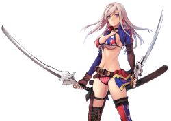 Rule 34 | 1girl, american flag bikini, applekun, asymmetrical gloves, asymmetrical legwear, belt, bikini, blue eyes, breasts, choker, closed mouth, cowboy shot, dual wielding, earrings, fate/grand order, fate (series), flag print, floating hair, front-tie bikini top, front-tie top, gloves, gunblade, hair down, highres, holding, holster, jewelry, large breasts, leaf, long hair, maple leaf, miyamoto musashi (fate), miyamoto musashi (fate/grand order), miyamoto musashi (swimsuit berserker) (fate), miyamoto musashi (swimsuit berserker) (second ascension) (fate), navel, official alternate costume, pink hair, scabbard, sheath, shrug (clothing), simple background, straight hair, swimsuit, thigh holster, thigh strap, uneven gloves, uneven legwear, weapon, white background