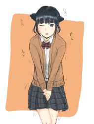 Rule 34 | 1girl, between legs, black eyes, black hair, black skirt, blush, bow, bowtie, brown cardigan, cardigan, drill hair, embarrassed, female focus, hand between legs, have to pee, highres, japanese text, matching hair/eyes, miniskirt, one eye closed, open mouth, orange background, original, own hands together, plaid, plaid skirt, pleated skirt, red bow, red bowtie, school uniform, shirt, short hair, simple background, skirt, solo, standing, toridoriru, translation request, trembling, two-tone background, two side up, v arms, white shirt, wince