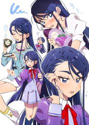 Rule 34 | 5girls, absurdres, blue eyes, blue hair, blush, drinking, eyelashes, closed eyes, grgrton, happy, highres, juliet sleeves, l&#039;ecole des cinq lumieres school uniform, long hair, long sleeves, looking at viewer, minazuki karen, multiple girls, multiple persona, open mouth, precure, puffy long sleeves, puffy sleeves, ribbon, school uniform, simple background, smile, socks, white background, yes! precure 5, yes! precure 5 gogo!