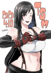 Rule 34 | 1girl, ;), black hair, breasts, brown eyes, butcha-u, clenched hand, collarbone, commentary request, crop top, dated, detached sleeves, earrings, final fantasy, final fantasy vii, final fantasy vii remake, fingerless gloves, gloves, highres, jewelry, large breasts, long hair, looking at viewer, low-tied long hair, midriff, navel, one eye closed, palm-fist greeting, red gloves, skirt, smile, solo, square enix, studded gloves, suspender skirt, suspenders, tank top, tifa lockhart, white tank top