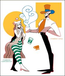 Rule 34 | 1boy, 1girl, absurdres, arm behind back, black border, black pants, border, brown hair, closed mouth, coffee, coffee mug, copyright name, crossover, crown, cup, drinking, facial hair, full body, green eyes, hair over breasts, hat, highres, humanization, ka ji, komeda&#039;s coffee, komeda ojisan, long hair, looking at another, mascot, monocle, mug, mustache, navel, necktie, pants, pencil as mustache, red hat, red neckwear, simple background, smile, standing, starbucks, starbucks siren, steam, striped legwear, top hat, topless, very long hair, walking, white background, wide hips
