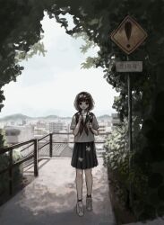 Rule 34 | 1girl, :o, backpack, bag, black skirt, blunt bangs, brown eyes, brown hair, building, city, dappled sunlight, day, food, highres, holding, holding food, holding popsicle, holding strap, kiro (ntcm8883), looking at viewer, mountainous horizon, neckerchief, original, outdoors, parted lips, pleated skirt, popsicle, railing, red neckerchief, sailor collar, school uniform, serafuku, shirt, shoes, short hair, short sleeves, sign, skirt, sneakers, solo, standing, stone floor, summer, sunlight, t-shirt, tree, white footwear, white serafuku