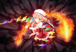 Rule 34 | 1girl, ascot, bad id, bad pixiv id, blonde hair, fire, flandre scarlet, foreshortening, hat, laevatein, looking at viewer, open mouth, philomelalilium, red eyes, short hair, side ponytail, solo, touhou, wings