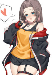 Rule 34 | 1girl, aqua eyes, bangs pinned back, black gloves, black jacket, black shorts, black sports bra, blush, breasts, brown hair, commentary request, cowboy shot, dog tags, erubusubori, fang, gloves, heart, highres, hololive, jacket, long sleeves, looking at viewer, medium hair, natsuiro matsuri, natsuiro matsuri (gaming casual), off-shoulder sweater, off shoulder, official alternate costume, orange sweater, parted lips, partially fingerless gloves, puffy long sleeves, puffy sleeves, shorts, simple background, skin fang, small breasts, solo, speech bubble, spoken heart, sports bra, sweater, thigh strap, variant set, virtual youtuber, white background