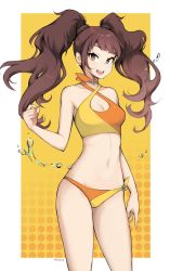 Rule 34 | 1girl, bikini, breasts, brown hair, cleavage, cleavage cutout, clothing cutout, earrings, fingernails, hand in own hair, highres, jewelry, kujikawa rise, legs, long fingernails, milka (milk4ppl), navel, open mouth, orange background, pale skin, persona, persona 4, swimsuit, twintails, water drop