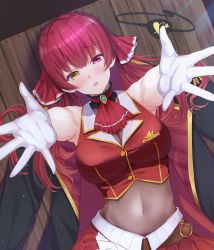 Rule 34 | 1girl, cleavage, commentary request, eyepatch, unworn eyepatch, gloves, hair ribbon, heterochromia, highres, hololive, houshou marine, leotard, leotard under clothes, looking at viewer, lying, on back, open mouth, outstretched arms, primamiya, red hair, red neckwear, ribbon, see-through, see-through cleavage, see-through leotard, sleeveless, solo, virtual youtuber, white gloves, wooden floor