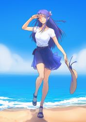 Rule 34 | 1girl, absurdres, alternate costume, beach, blue sweater, braid, medea (fate), cloud, commission, fate/grand order, fate (series), flower, hair flower, hair ornament, hat, highres, horizon, long hair, ocean, pointy ears, purple eyes, purple hair, second-party source, shading eyes, shirt, shore, side braid, smile, solkorra, solo, standing, standing on one leg, straw hat, sweater, waves, white shirt