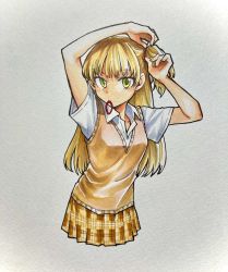 Rule 34 | 1girl, adjusting hair, arms up, blonde hair, collared shirt, cropped legs, green eyes, hair tie, hair tie in mouth, highres, idolmaster, idolmaster cinderella girls, jougasaki rika, kyouno, long hair, looking at viewer, marker (medium), mouth hold, one side up, open collar, photo (medium), pleated skirt, shirt, short sleeves, skirt, solo, sweater vest, traditional media, tying hair