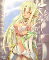 Rule 34 | 1girl, :p, breast hold, breast lift, breasts, cleavage, detached collar, dress, ecell, elf, elsword, flower, grand archer (elsword), green eyes, green hair, hair flower, hair ornament, large breasts, long hair, looking at viewer, matching hair/eyes, navel, pointy ears, rena erindel, skirt, solo, tongue, tongue out