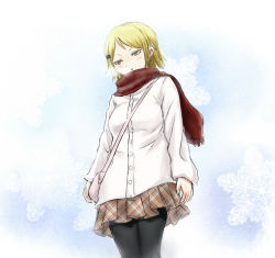 1girl blonde_hair female_focus gradient_background outdoors pantyhose scarf school_uniform skirt sky solo takkayaa_(wasshi3) white_background yellow_eyes