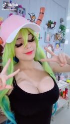 Rule 34 | 1girl, animated, audible music, blue hair, bouncing breasts, breasts, cleavage, cosplay, double v, dragon horns, female focus, green eyes, green hair, hat, horns, indoors, interior, kobayashi-san chi no maidragon, large breasts, long hair, looking at viewer, lowres, lucoa (maidragon), lucoa (maidragon) (cosplay), mexican (nationality), multicolored hair, photo (medium), real life, solo, sound, sweetieline, tails (sonic), tongue, tongue out, upper body, v, video