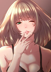 Rule 34 | 1girl, black tank top, blush, breasts, brown background, brown hair, cleavage, collarbone, green eyes, hand on own chin, highres, idolmaster, idolmaster cinderella girls, large breasts, lips, looking at viewer, mole, mole under eye, one eye closed, parted lips, shouji nigou, simple background, smile, solo, takagaki kaede, tank top