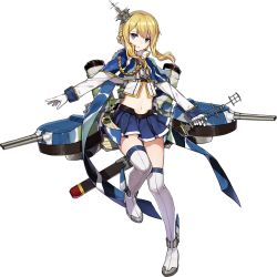 Rule 34 | 1girl, aiguillette, anchor, azur lane, black hairband, blonde hair, blue capelet, blue eyes, blue skirt, braid, camouflage, capelet, crop top, eyebrows, eyelashes, facing away, flat chest, floating hair, french braid, full body, gloves, grey footwear, hair between eyes, hairband, leg up, long hair, long sleeves, looking away, looking to the side, machinery, miniskirt, navel, official art, over-kneehighs, parted lips, popped collar, renown (azur lane), sa (h28085), sheath, sheathed, shirt, short hair with long locks, sidelocks, single braid, skirt, solo, standing, standing on one leg, stomach, sword, thighhighs, transparent background, tsurime, turret, weapon, white gloves, white shirt, white thighhighs, zettai ryouiki