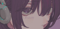 Rule 34 | 1girl, close-up, colored eyelashes, commentary request, eye focus, hair over eyes, headphones, looking at viewer, mouth out of frame, msb (a47630968), portrait, purple background, purple eyes, purple hair, raised eyebrows, sanpaku, simple background, solo, utane uta, utau