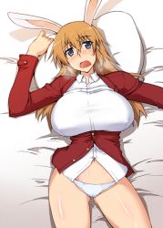 Rule 34 | 1girl, animal ears, blonde hair, blue eyes, breasts, charlotte e. yeager, huge breasts, large breasts, rabbit ears, rabbit girl, seura isago, shirt, solo, strike witches, taut clothes, taut shirt, thighhighs, underwear, underwear only, white thighhighs, world witches series