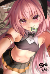 Rule 34 | 1boy, absurdres, astolfo (fate), astolfo (saber) (fate), b-pang, bare shoulders, black shirt, black skirt, blush, bow, bowtie, crop top, fang, fate/grand order, fate (series), hair bow, hair ribbon, highres, long hair, looking at viewer, low twintails, male focus, midriff, mouth hold, multicolored hair, navel, pink hair, purple eyes, ribbon, shirt, skirt, smile, streaked hair, thighs, trap, twintails, white hair