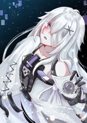Rule 34 | 1girl, absurdres, ahoge, bandage over one eye, detached sleeves, dress, grey dress, grey eyes, grey hair, hair ornament, highres, long hair, looking at viewer, misoso 25, no.21: xxi (punishing: gray raven), no.21 (punishing: gray raven), punishing: gray raven, sidelocks, sleeves past fingers, sleeves past wrists, solo, suspenders, x hair ornament