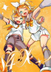 Rule 34 | 1boy, 1girl, ;d, aqua eyes, black shorts, blonde hair, bow, bowtie, brother and sister, detached sleeves, fortissimo, hand on another&#039;s back, headphones, hetero, highres, hug, kagamine len, kagamine len (vocaloid4), kagamine rin, kagamine rin (vocaloid4), leaning back, leaning forward, leaning on person, necktie, one eye closed, open mouth, orange background, outstretched arm, outstretched leg, piano print, sailor collar, see-through, short hair, shorts, siblings, smile, sparkle, twins, ui (rot), v4x, vocaloid, white shorts
