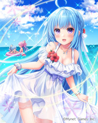 Rule 34 | 3girls, :d, beach, blue hair, blue one-piece swimsuit, blue ribbon, blue sky, breasts, cloud, commentary request, dress, falkyrie no monshou, flower, hair ribbon, innertube, long hair, looking at viewer, medium breasts, multiple girls, ocean, official art, one-piece swimsuit, open mouth, parfait (falkyrie no monshou), pink hair, purple eyes, ribbed dress, ribbon, see-through, see-through dress, sky, smile, stardrop, swim ring, swimsuit, swimsuit under clothes, white dress, white ribbon