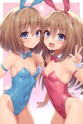 Rule 34 | 2girls, animal ears, blue eyes, blue leotard, blush, breasts, brown hair, cameltoe, cleavage, cleft of venus, covered navel, happy, highleg, highleg leotard, highres, kazuneko (wktk1024), leotard, long hair, looking at viewer, multiple girls, neptune (series), open mouth, pink leotard, playboy bunny, rabbit ears, rabbit tail, ram (neptunia), rom (neptunia), short hair, siblings, sisters, skindentation, small breasts, smile, tail, thighhighs, twins, v, wrist cuffs