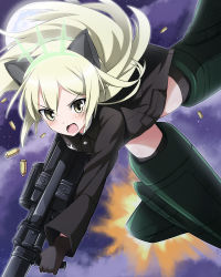 Rule 34 | 1girl, animal ears, blonde hair, cat ears, explosion, gloves, gun, heinrike prinzessin zu sayn-wittgenstein, hirschgeweih antennas, long hair, looking at viewer, military, military uniform, noble witches, open mouth, shell casing, solo, strike witches, striker unit, tirotata, uniform, weapon, weapon request, world witches series, yellow eyes