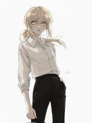 Rule 34 | 1girl, alternate costume, artoria pendragon (all), artoria pendragon (fate), black pants, blonde hair, collared shirt, commentary request, fate/grand order, fate (series), floating hair, hair between eyes, highres, pale skin, pants, ponytail, saber alter, shirt, signature, simple background, solo, white background, white shirt, yellow eyes, yumeko (fgo39625963)