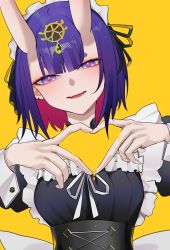 Rule 34 | 1girl, absurdres, alternate costume, bob cut, bow, breasts, choker, cup, ear piercing, enmaided, eyeliner, fate/grand order, fate (series), frills, head tilt, heart, heart hands, highres, horns, looking at viewer, maid, maid headdress, makeup, oni, open mouth, piercing, puffy sleeves, purple eyes, purple hair, ribbon, san (harutuki 3), short eyebrows, short hair, shuten douji (fate), simple background, skin-covered horns, small breasts, smile, solo, upper body, waist bow, wrist cuffs, yellow background