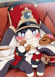 Rule 34 | 1other, animal ears, arm between legs, blue eyes, blush, couch, cup, dagashi (daga2626), doughnut, eating, food, full body, fur-trimmed jacket, fur trim, hat, highres, holding, holding food, honkai: star rail, honkai (series), jacket, looking at viewer, lop rabbit ears, plate, pocket watch, pom-pom (honkai: star rail), rabbit ears, red hat, red jacket, shako cap, sitting, smile, solo, star-shaped pupils, star (symbol), symbol-shaped pupils, teacup, two-tone eyes, watch, wavy mouth