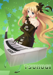Rule 34 | 00s, 1girl, bad id, bad pixiv id, bare shoulders, blonde hair, blue eyes, don&#039;t say &quot;lazy&quot;, earrings, elbow gloves, female focus, gloves, haoyuan, instrument, jewelry, k-on!, keyboard, keyboard (instrument), kotobuki tsumugi, long hair, pantyhose, solo, striped