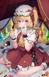 Rule 34 | 1girl, absurdres, ascot, blonde hair, blush, cake, collared shirt, crystal, doughnut, eating, flandre scarlet, food, food on face, fork, frilled skirt, frilled sleeves, frills, hair between eyes, hat, highres, holding, holding food, long hair, mob cap, one side up, open mouth, red eyes, red skirt, red vest, shirt, short sleeves, skirt, solo, touhou, usushio, vest, white hat, white shirt, wings, wrist cuffs, yellow ascot